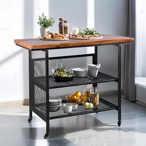 lot H-489 image: Rustic 3Tier Bar Cart on Wheels Industrial Rolling Serving Cart Mobile Kitchen Island with Casters Farmhouse Utility Cart for Office with Wooden Top-47.2  23.6  36.6inch LWH