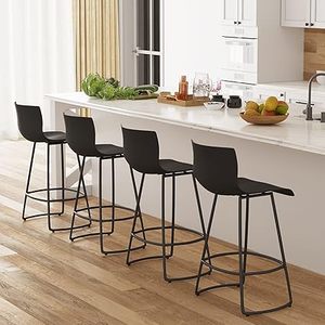 lot L-320 image: Modern Swivel Bar Stool Set of 4 - Counter Height, Plastic Seat, Metal Frame, 30 Bar Chairs, Black