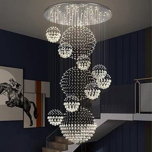 lot L-350 image: Siljoy Modern Foyer Chandeliers for High Ceiling, Large Staircase Chandelier with Spiral Sphere Design, Raindrop Crystal Chandelier Flush Mount Ceiling Light for Entryway Living Room W31.5 X H110