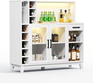 lot L-394 image: LINSY HOME Wine Bar Cabinet with LED Light, Modern Liquor Cabinet with Wine and Glass Rack, Home Coffee Bar Cabinet with Drawer and Storage, Buffet Sideboard for Living Room, Dining Room (White)