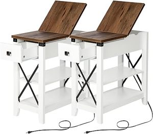 lot L-395 image: Narrow End Table with Charging Station - Farmhouse Slim Side Table Set of 2, wUSB Ports Power Outlets, Nightstand wFlip Top Storage Drawer, for Small Spaces Living Room Bedroom, Brown White