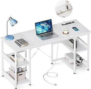 lot O-435 image: AODK 48 Inch Small Computer Desk with Power Outlets & USB Charging Port, Home Table with Storage Shelves, Student Laptop PC Desks for Small Spaces Home Office Writing Desk, Kids Desk, White