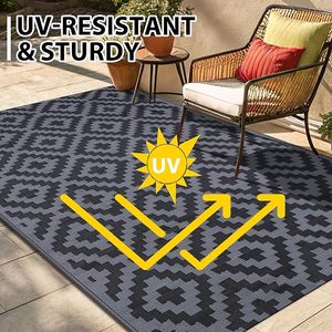 lot P-463 image: Smiry Waterproof Outdoor Rug 9x12 ft, Reversible Plastic Straw Patio Camping Rugs, Outdoor Indoor RV Mat Carpet for Patio, Outside Entry, Backyard, Deck, Bench, Picnic, Camper, Black & Grey