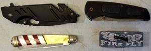 lot 32 image: Pocket Knives (1) Frost Cutlery with Black Handle (1) Colt Freedom Red & White (1) Frost Cutlery Fire Fly (1) No Name Found Black Handle (View Photos)