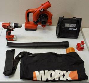 lot 53 image: (1) Black & Decker 12V Max Drill with Battery, (1) Black & Decker Leaf Blower with Attachment, (1) Die Hard Power Pack with Light (1) Makita Battery (1) Worx Bag