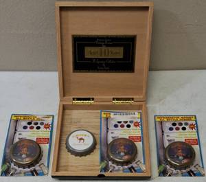 lot 55 image: Ecuadorian Sumatra - Vintage Series 1992 - Aged 10 Years A Signature Collection Wooden Cigar Box (Empty) & (4) Camel Bottle Openers (View Photos)