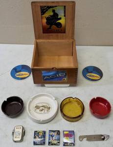 lot 56 image: Acid Cigars Wooden Box (Empty) & Lighter, Match Books, Ashtrays & Bottle Opener