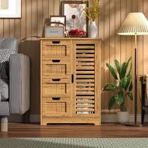 VEIKOUS Yellow Bamboo 32.5 in. H Accent Cabinet Office Storage Cabinet with 2 Removable Shelves and 4-Drawer  Customer Returns See Pictures