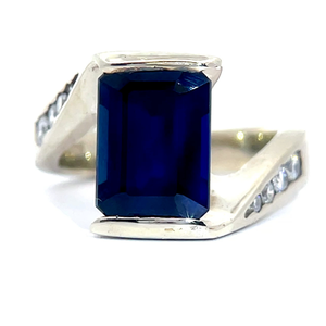 lot 225 image: 5.30 Carat Natural Blue Sapphire & Diamond Channel Zig-Zag Bypass Ring in 14k White Gold $9,850 Retail VIDEO