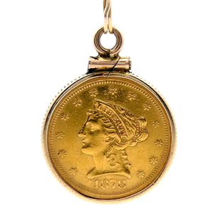 lot 252 image: Authentic 1878-S $2 12 Liberty Head Gold Coin in a 14k Gold Pendant $1,200 - $1,600 Estimate VIDEO