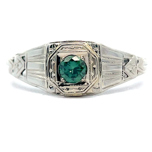 lot 250 image: Fancy Bluish-Green Diamond Antique Art Deco Ring in 18K White Gold $3,380 Retail VIDEO