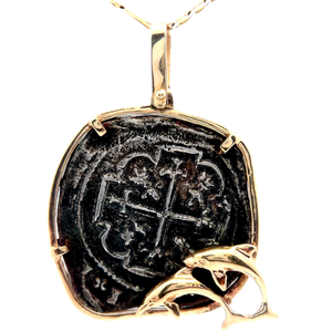 lot 243 image: Replica Old Spanish Coin Nautical Dolphin Pendant Necklace in 14k Rustic Gold