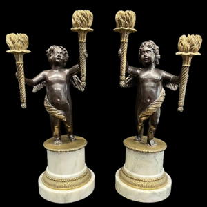 lot 378 image: Beautiful Pair of Antique Bronze and Marble Figural Cherub Candelabra
