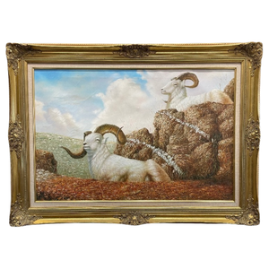 lot 381 image: Mountain Rams in Landscape - Framed Oil Painting