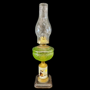 lot 442 image: Antique Uranium Glass Oil Lamp with Hand-Painted Owl
