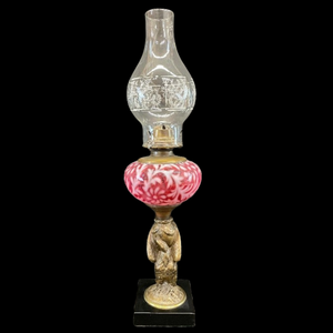 lot 444 image: Exquisite Cranberry Fern and Daisy Glass Oil Lamp with Majestic Eagle Base