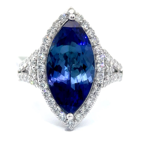 lot 261 image: 6.61 Carat Tanzanite & Natural Diamond Halo Pav&nbspSplit Shank Ring in Platinum w Report Appraisal $25,840 VIDEO