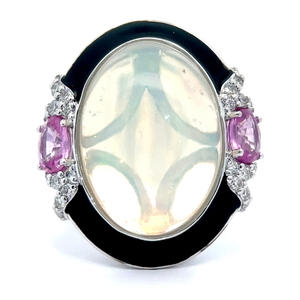lot 279 image: Designer Oscar Friedman 9.16 Carat Opal, Pink Sapphire & Natural Diamond Ring in Platinum w Report Appraisal $11,570 VIDEO