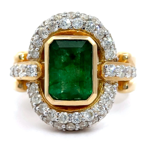 lot 267 image: NEW Designer Gady Shamesh 3.57 Carat Emerald & Pav Natural Diamond Halo Convex Ring in 14k Yellow Gold w Report Appraisal $14,880 VIDEO