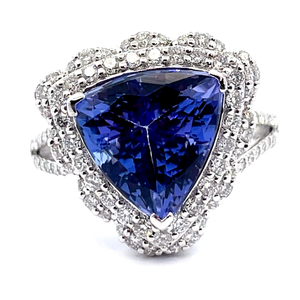 lot 262 image: 6.81 Carat Tanzanite & Natural Diamond Double Triangle Halo Ring in Platinum w Report Appraisal $23,950 VIDEO