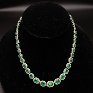 lot 266 image: Extravagant 32.91 Carat Emerald & Natural Diamond Halo Necklace in Platinum w Report Appraisal $73,752