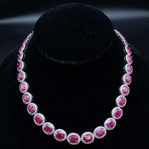 lot 273 image: NEW Designer Oscar Friedman 76.76 Carat Ruby & Natural Diamond Halo Necklace in Platinum w Report Appraisal $125,653