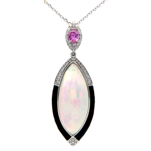 lot 280 image: Designer Oscar Friedman 16.39 Carat White Opal, Natural Diamond & Pink Sapphire Marquise Pendant Necklace in Platinum w Report Appraisal $18,273 VIDEO