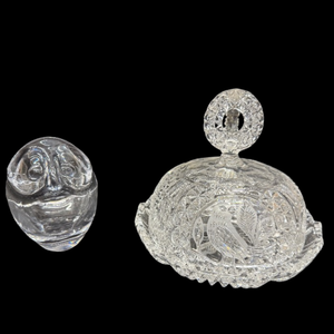 lot 494 image: Hofbauer Bydes Cut Crystal butterCheese Dish & Crystal Owl Vannes AshtrayPipe holder