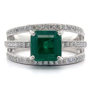 lot 272 image: 3.02 Carat Emerald & Pav Natural Diamond Triple Band Ring in Platinum w Report Appraisal $21,540 VIDEO