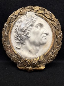 lot 437A image: Antique Alabaster or Marble Classical Relief Plaque  Roman Profile with Laurel Wreath  Gilt Laurel Frame