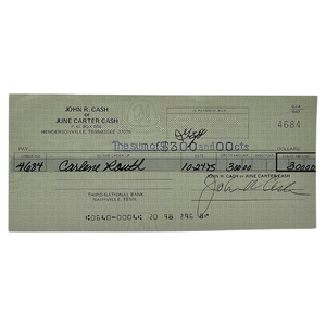 lot 20 image: Johnny Cash Signed Personal Check to His Stepdaughter, Carlene (Routh) Carter Dated October 24, 1975 $1,200 - $2,000 Estimate