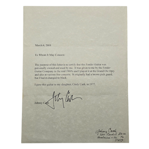 lot 21 image: Johnny Cash Double Signed Letter of Provenance for Fender Guitar $3,500 - $7,500 Estimate
