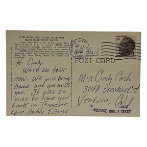Johnny Cash Handwritten &amp; Signed Postcard to Daughter Cindy – “Love Daddy and June” - Exceptionally Rare; $6,000 - $12,000 Estimate