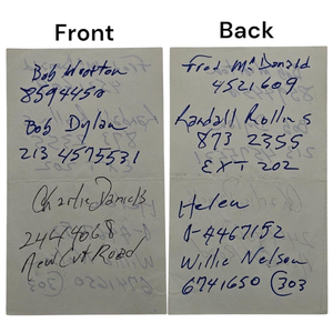 Johnny Cash Handwritten Contact Sheet with Legendary Names and Phone Numbers - Bob Dylan, Willie Nelson, Charlie Daniels, Randall Rollins, and More; $8,000 - $15,000 Estimate
