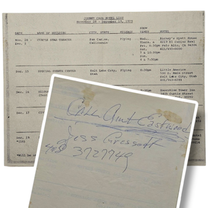 lot 29 image: Johnny Cash Handwritten Reminder Note Call Clint Eastwood and 1979 Tour Hotel List $2,500 - $4,500 Estimate