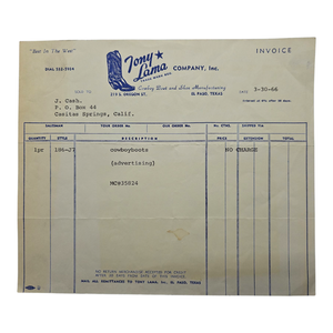 lot 34 image: Johnny Cash 1966 Tony Lama Cowboy Boot Invoice  Advertising Pair $600 - $900 Estimate 