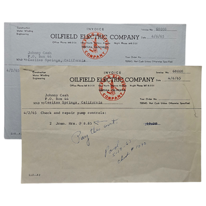 lot 35 image: Johnny Cash 1965 Oilfield Electric Company Invoice  Addressed to Casitas Springs Residence $400 - $750 Estimate 
