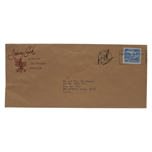 lot 100 image: Johnny Cash 1966 Air Mail Envelope to Vivians Parents (Similar Shown in Complete Unknown Movie) $500 - $800 Estimate 