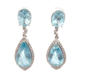 lot 299M image: 9.57 Carat Aquamarine & Pav Natural Diamond Dangle Earrings in Platinum w Report Appraisal $14,730 VIDEO