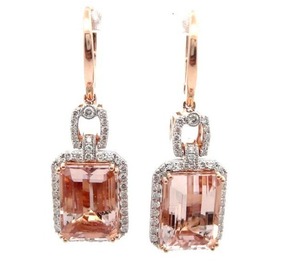 lot 299N image: 17.35 Carat Morganite & Pav Natural Diamond Drop Leverback Earrings in 14k Two-Tone Gold w Report Appraisal $28,390 VIDEO