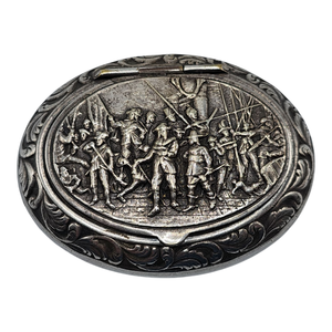 lot 140 image: June Carter Cash Owned  Antique Silver Pill Box, Rembrandt Night Watch Repousse Ornament Lidded Trinket or Rosary Box, Dutch Heritage