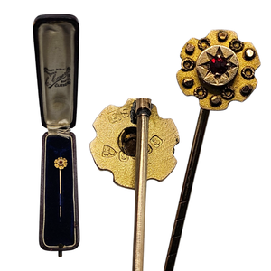 lot 142 image: June Carter Cash Owned  Antique Gold & Ruby Hat Pin in Original Case