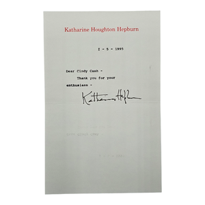 lot 152 image: Katharine Hepburn Signed Letter to Cindy Cash  Dated January 5, 1995