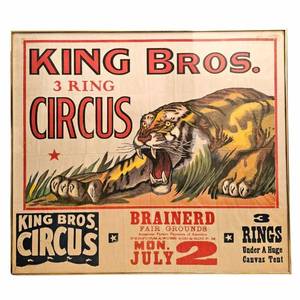 lot 436A image: Massive, Original King Bros. 3 Ring Circus Poster - Brainerd, MN July 2 - Circa 1930s in Metal and Glass Frame