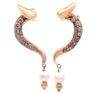 lot 228A image: Exquisite 1.50 Carat Natural Diamond & Pearl Curved Ribbon Drop Estate Earrings in 14k Yellow Gold (20.20 Grams) $5,275 Retail VIDEO