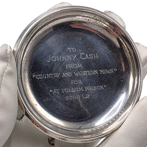 lot 11A image: Engraved Sterling Silver Award Dish Presented to Johnny Cash for At Folsom Prison Sales Milestone $5,000 - $8,500 Estimated