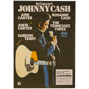 lot 183 image: Johnny Cash Frankfurt 1975 Concert Poster  Featuring June Carter, Rosanne Cash, The Tennessee Three, Anita Carter & Gordon Terry, 23 x 33 $1,000 - $1,500 Estimate