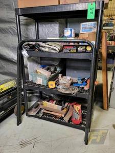 lot 52 image: Poly Shelf & Contents Construction Tools and Materials with Trowels, Seam Tape, Crack Sealer