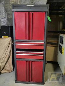 lot 71 image: Stack-On Storage Cabinet with Shelves and Drawers, RedGray