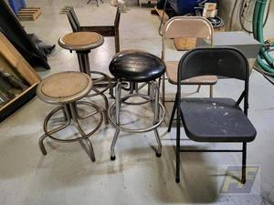 lot 81 image: Set of Metal Stools and Folding Chairs, Beige and Black, 29 Seat Height